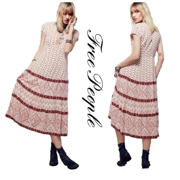 Free People Bella Notte Midi Dress Pink Combo, Boho Cottagecore Prairie | 6 EUC - Picture 7 of 13